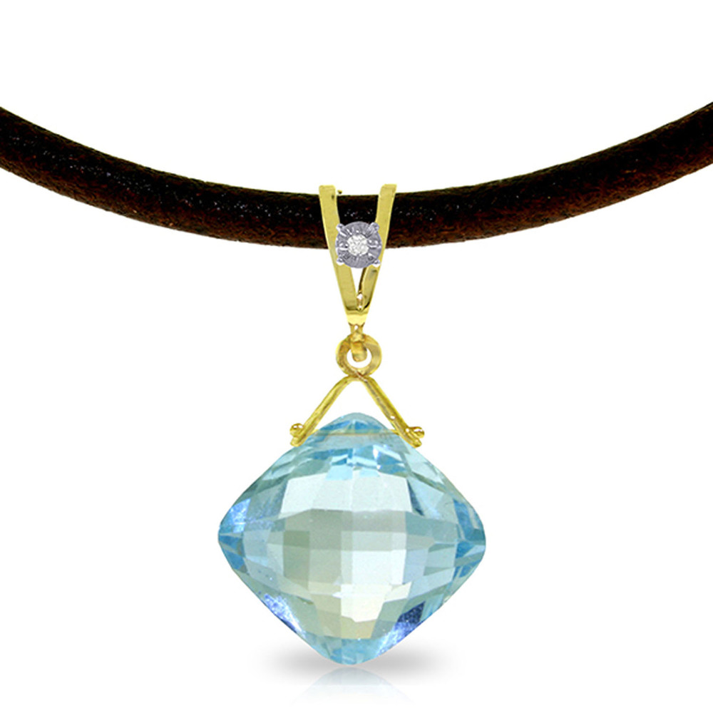 14K. GOLD & LEATHER NECKLACE W/ DIAMOND & BLUE TOPAZ (Yellow Gold)